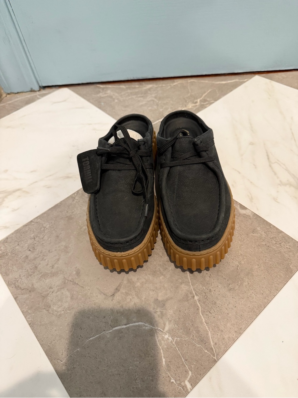 Clarks Black Leather Mules with Gum Crepe Sole